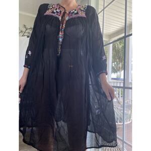 JOHNNY WAS Black Beaded Tunic Top Or Dress Floral Oversized Sheer One Size